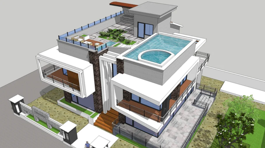 ROOOF GARDEN WITH HOUSE ELEVATION VIEW ,SKETCHUP FILE INSTANT DOWNLOAD